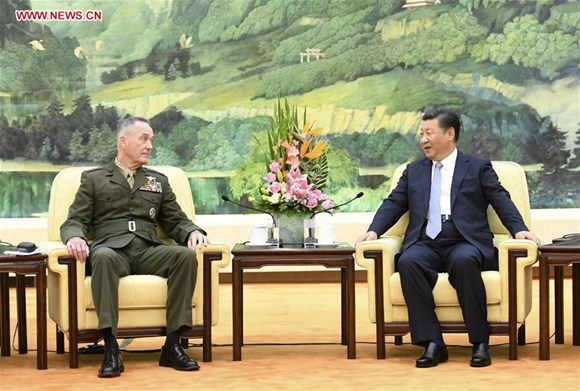 Chinese President Xi Jinping (R) meets with visiting Chairman of the U.S. Joint Chiefs of Staff Joseph Dunford at the Great Hall of the People in Beijing, capital of China, Aug. 17, 2017. (Xinhua/Li Xueren) Chinese President Xi Jinping (R) meets with visiting Chairman of the U.S. Joint Chiefs of Staff Joseph Dunford at the Great Hall of the People in Beijing, capital of China, Aug. 17, 2017. (Xinhua/Li Xueren)