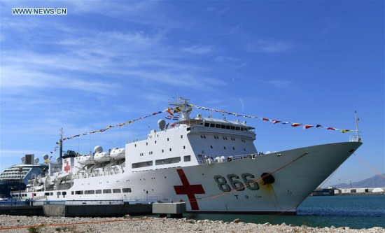 The Peace Ark, hospital ship of the Navy of the Chinese People's Liberation Army, is seen at Port Malaga, Spain, on Sept. 10, 2017. (Xinhua/Guo Qiuda) The Peace Ark, hospital ship of the Navy of the Chinese People's Liberation Army, is seen at Port Malaga, Spain, on Sept. 10, 2017. (Xinhua/Guo Qiuda)