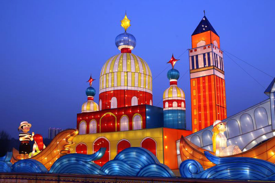 Lanterns light up features of countries involved in the Belt and Road Initiative