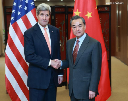 Chinese Foreign Minister Wang Yi (R) shakes hands with U.S. Secretary of State John Kerry in Beijing, capital of China, Jan. 27, 2016. (Photo: Xinhua/Ding Haitao) Chinese Foreign Minister Wang Yi (R) shakes hands with U.S. Secretary of State John Kerry in Beijing, capital of China, Jan. 27, 2016. (Photo: Xinhua/Ding Haitao)