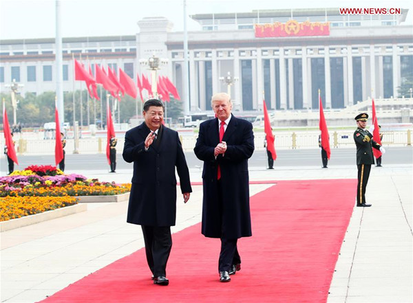 Chinese President Xi Jinping (L) holds a grand ceremony to welcome U.S. President Donald Trump at the square outside the east gate of the Great Hall of the People in Beijing, capital of China, Nov. 9, 2017. (Xinhua/Lan Hongguang) Chinese President Xi Jinping (L) holds a grand ceremony to welcome U.S. President Donald Trump at the square outside the east gate of the Great Hall of the People in Beijing, capital of China, Nov. 9, 2017. (Xinhua/Lan Hongguang)