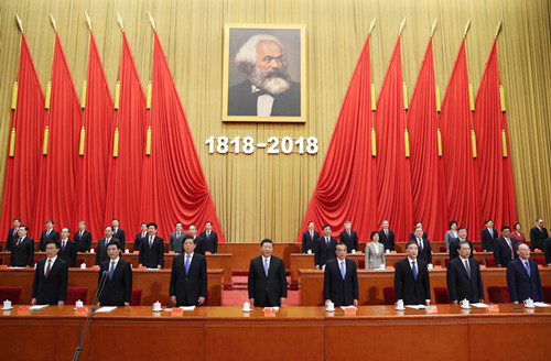 A conference to mark the 200th anniversary of the birth of Karl Marx is held in the Great Hall of the People in Beijing, May 4, 2018. Xi Jinping, Li Keqiang, Li Zhanshu, Wang Yang, Wang Huning, Zhao Leji, Han Zheng and Wang Qishan attended the conference. (Photo/Xinhua)
